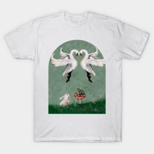 Fairytale Meeting A frog king and white rabbit meet in a spring meadow  with swans cottagecore watercolor T-Shirt